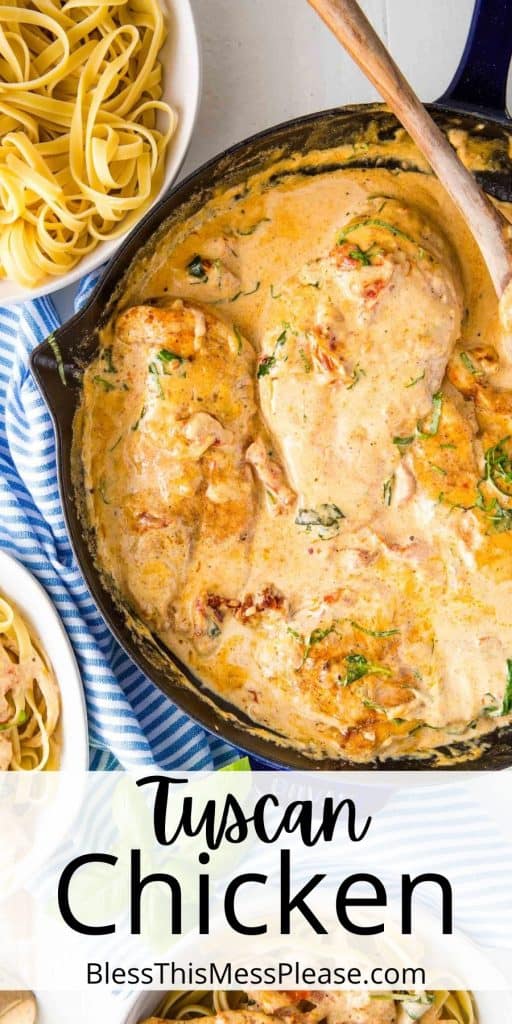 pinterest pin with text across the bottom that reads "tuscan chicken" - creamed tomato sauce with whole chicken breasts and herbs in a cast iron pan