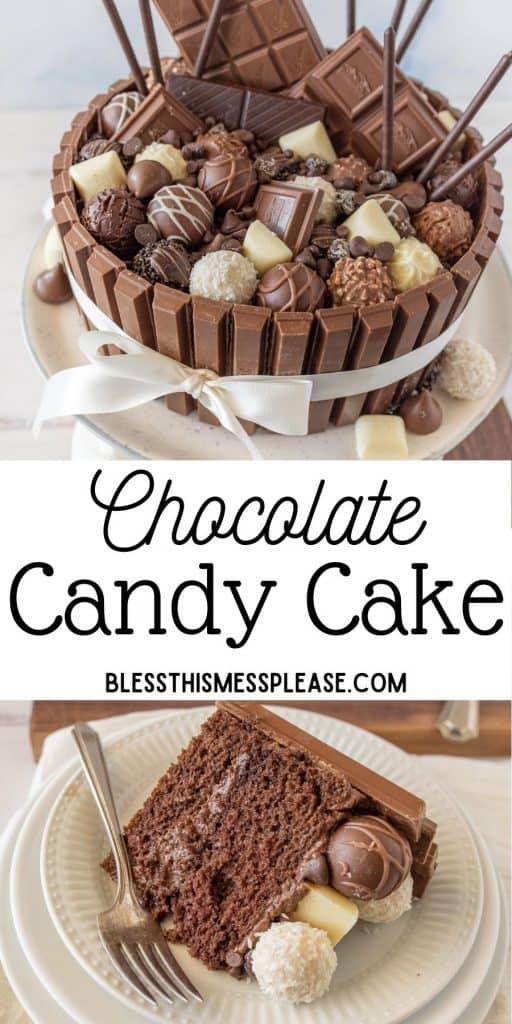 top picture is a chocolate candy cake, bottom picture is a slice of chocolate candy cake on a stack of plates with a fork and the words "chocolate candy cake" written in the middle