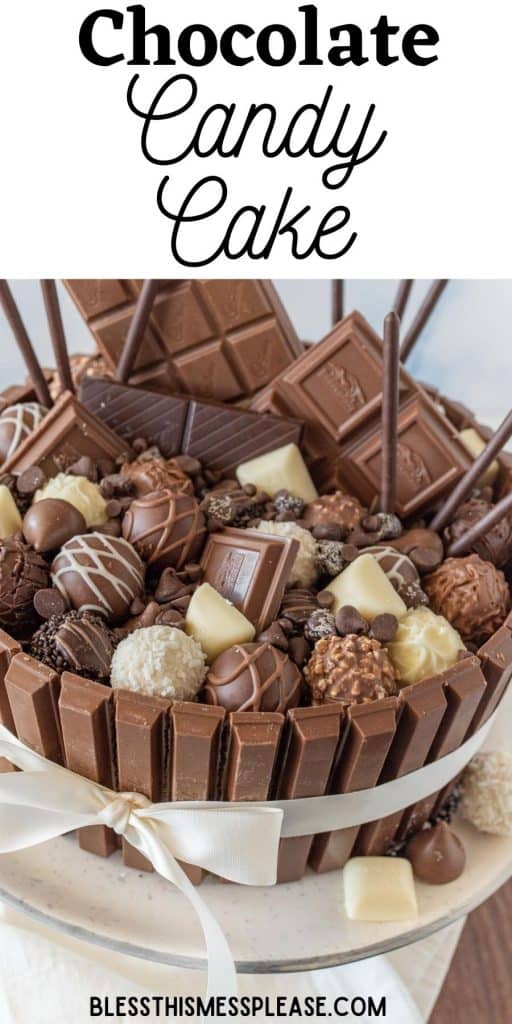 pinterest pin text at top says "chocolate candy cake" - Kit kat bars tied together with a bow form a cake shaped bowl filled assorted chocolate candy