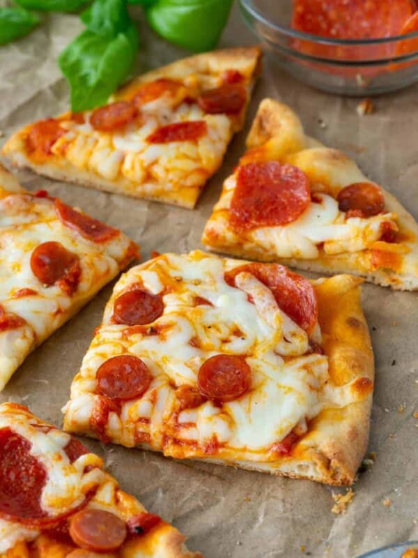 picture of pepperoni flatbread pizza cut into slices.