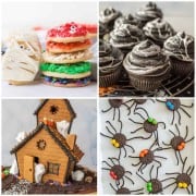 top left picture is iced sugar cookies, top right picture is of cupcakes, bottom left picture is a haunted gingerbread house, and bottom right picture is of Oreo spiders