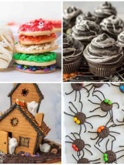 top left picture is iced sugar cookies, top right picture is of cupcakes, bottom left picture is a haunted gingerbread house, and bottom right picture is of Oreo spiders