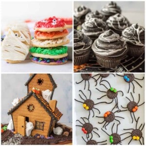 top left picture is iced sugar cookies, top right picture is of cupcakes, bottom left picture is a haunted gingerbread house, and bottom right picture is of Oreo spiders