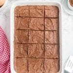 top view of brownies in the baking dish, cut into squares