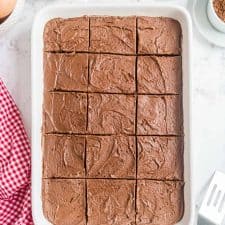 top view of brownies in the baking dish, cut into squares