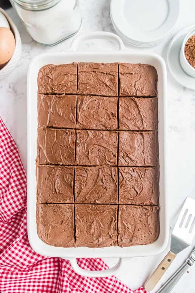 top view of brownies in the baking dish, cut into squares