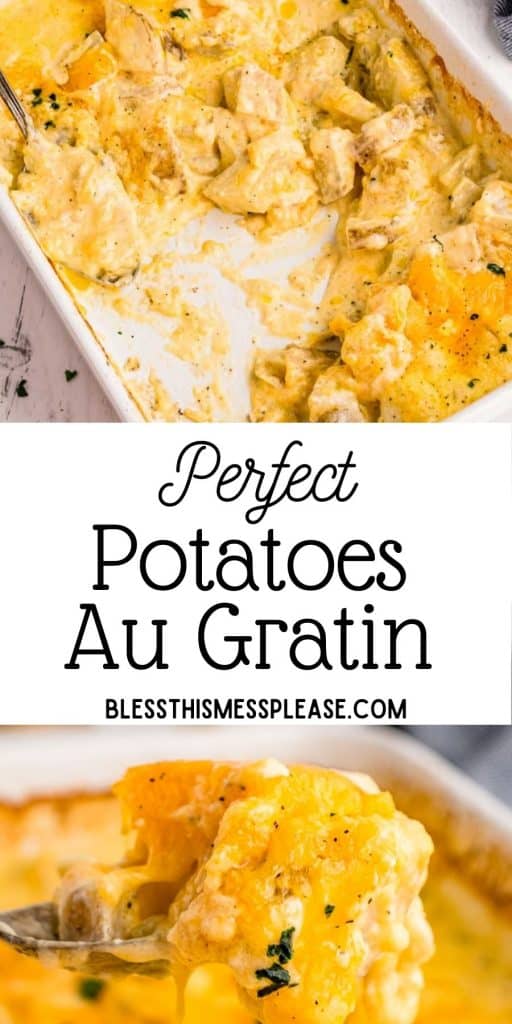top picture is potatoes au gratin in a baking dish, bottom picture is a close up of potatoes au gratin on a spoon with the words "perfect potatoes au gratin" written in the middle