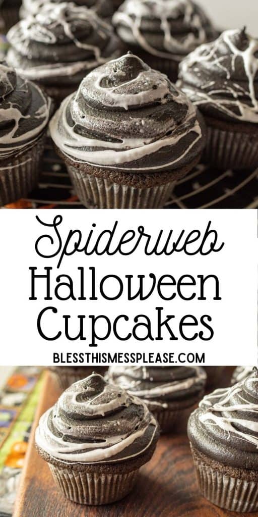 top and bottom pictures are of spiderweb cupcakes with the words "spiderweb halloween cupcakes" written in the middle