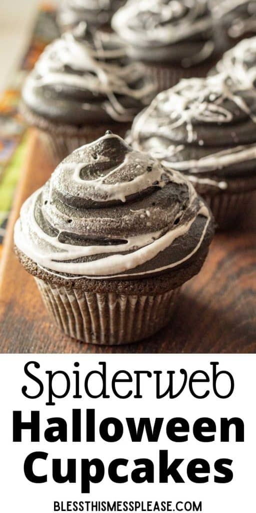 spiderweb cupcakes with the words "spiderweb halloween cupcakes" written at the bottom
