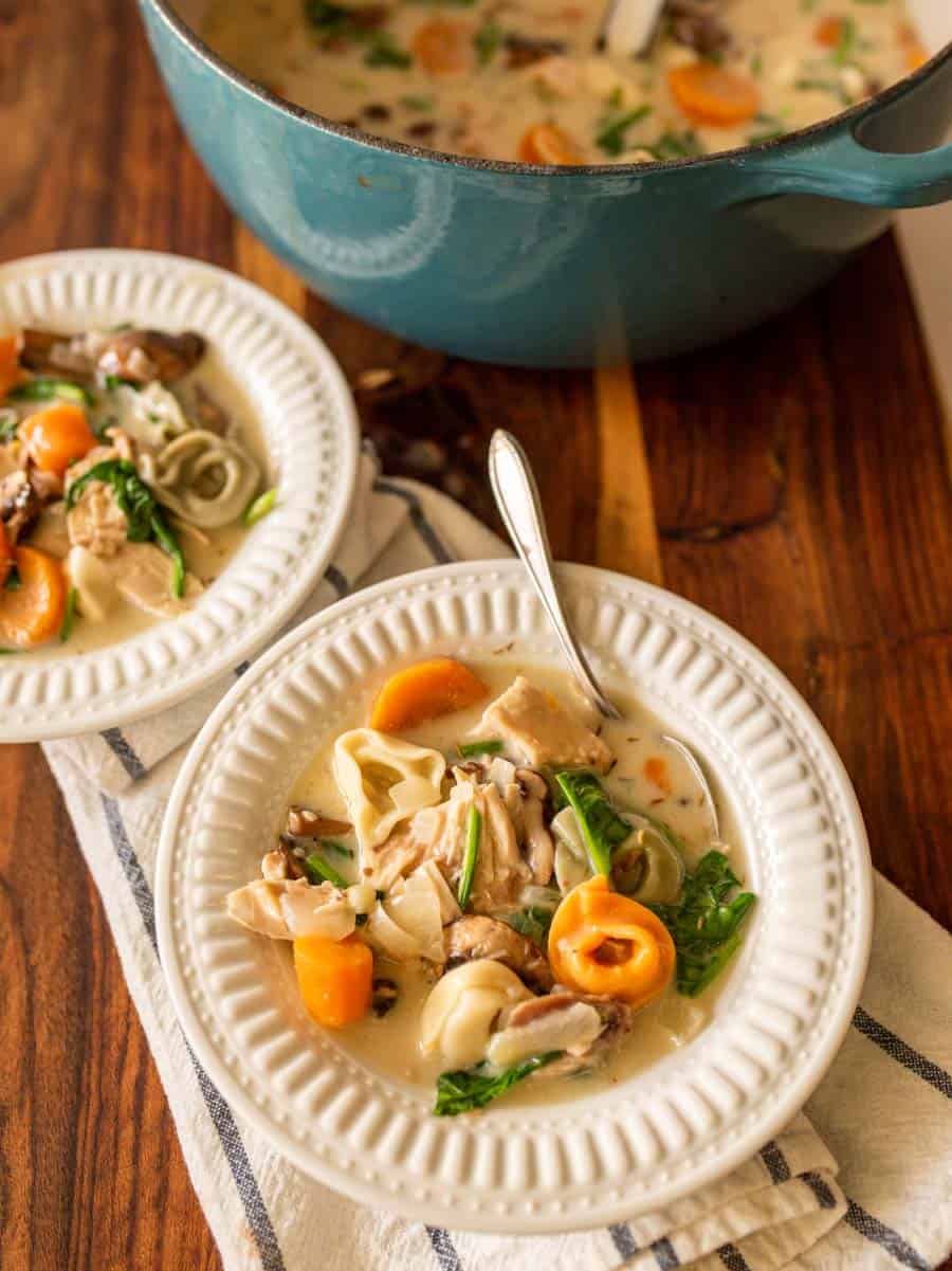 white plate with chicken tortellini soup