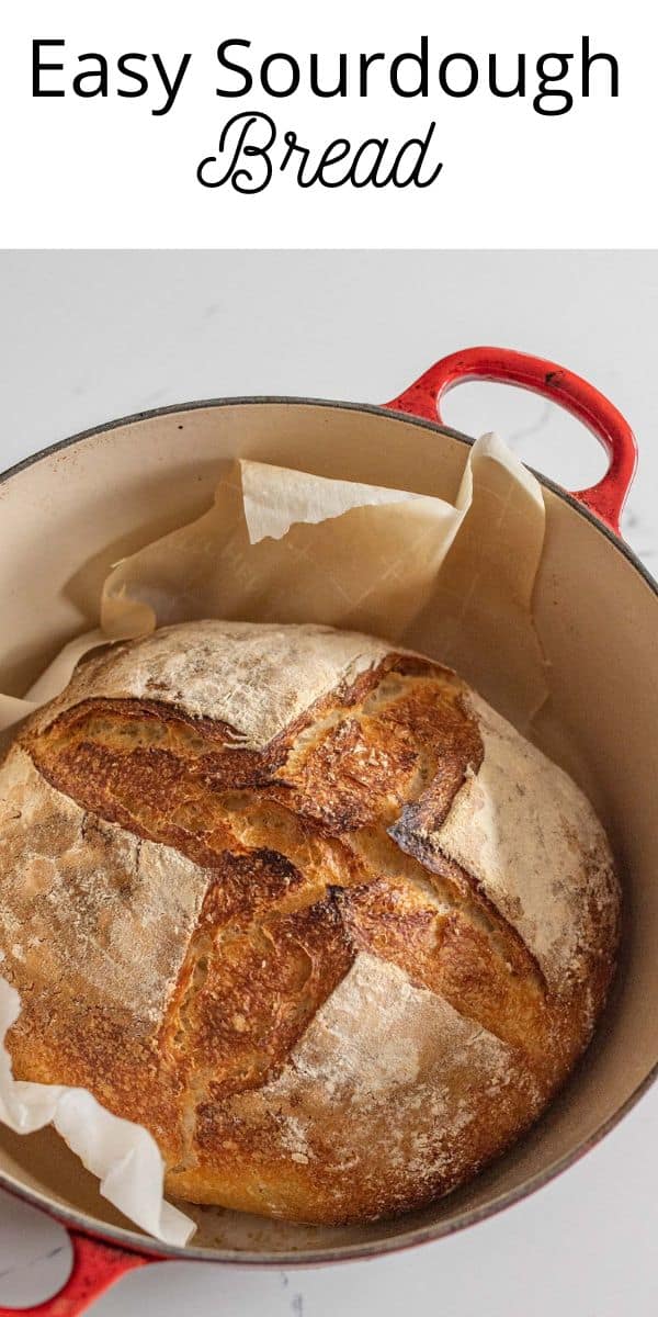 Pinterest pin with text that reads easy sourdough bread recipe.