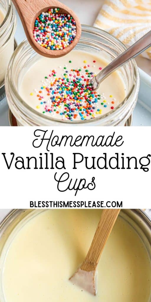 pinterest pin text that reads "homemade vanilla pudding" - mason jar close up with white pudding and rainbow sprinkles