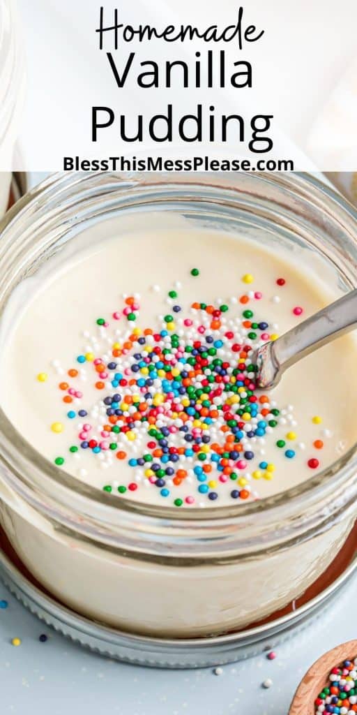 pinterest pin text that reads "homemade vanilla pudding" - mason jar close up with white pudding and rainbow sprinkles