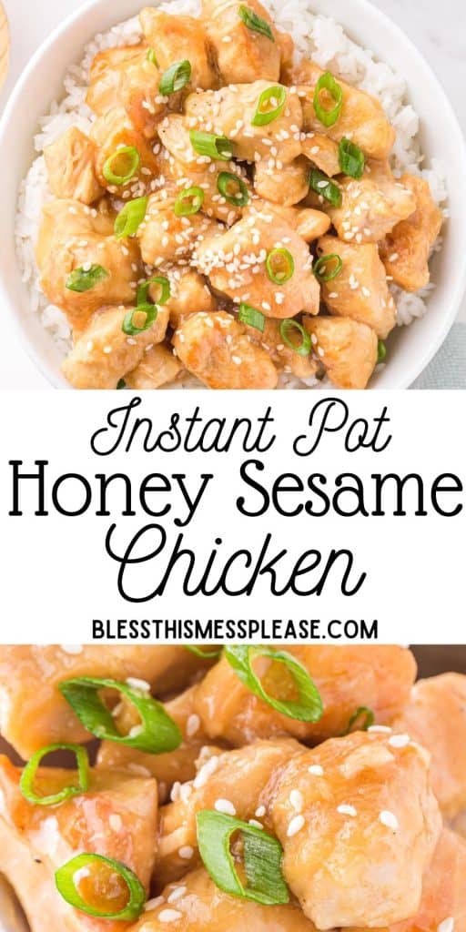 pinterest pin text that reads "instant pot honey sesame chicken" - with a top view square pieces of cooked sticky chicken with white sesame seeds and chives over a bed of white rice