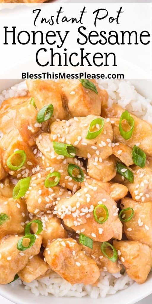 pinterest pin text that reads "instant pot honey sesame chicken" - with a top view square pieces of cooked sticky chicken with white sesame seeds and chives over a bed of white rice