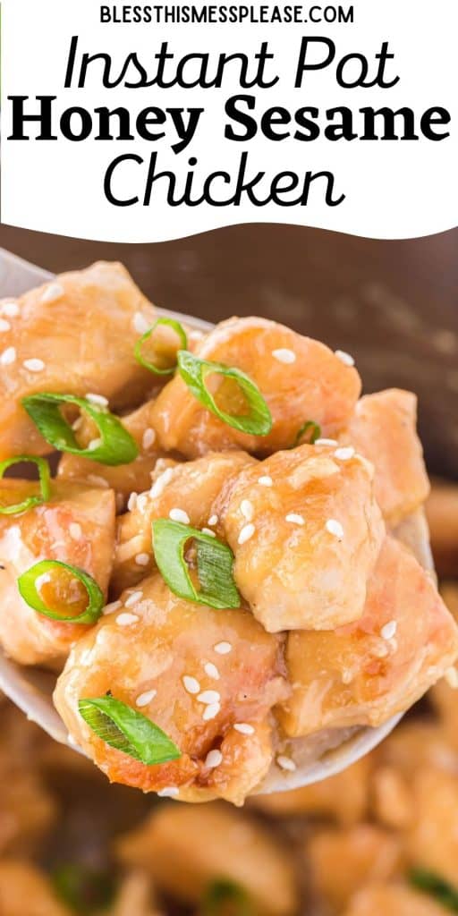 pinterest pin text that reads "instant pot honey sesame chicken" - a spoonful of honey chicken pieces with white sesame seeds and chives