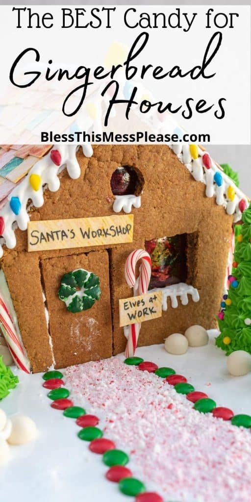 pinterest pin text that reads "the best candy for gingerbread houses" - with a picture of an exquisite gingerbread house