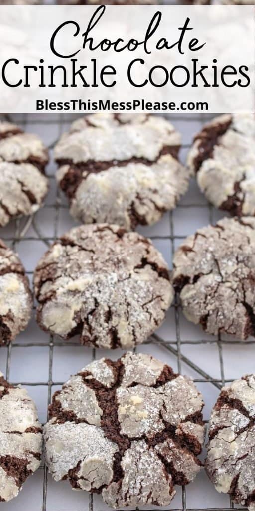 pinterest pin text that reads "chocolate crinkle cookies" - top view of a cooling rack cracked cookies that are nearly white on top but the cracks reveals dark chocolaty lines
