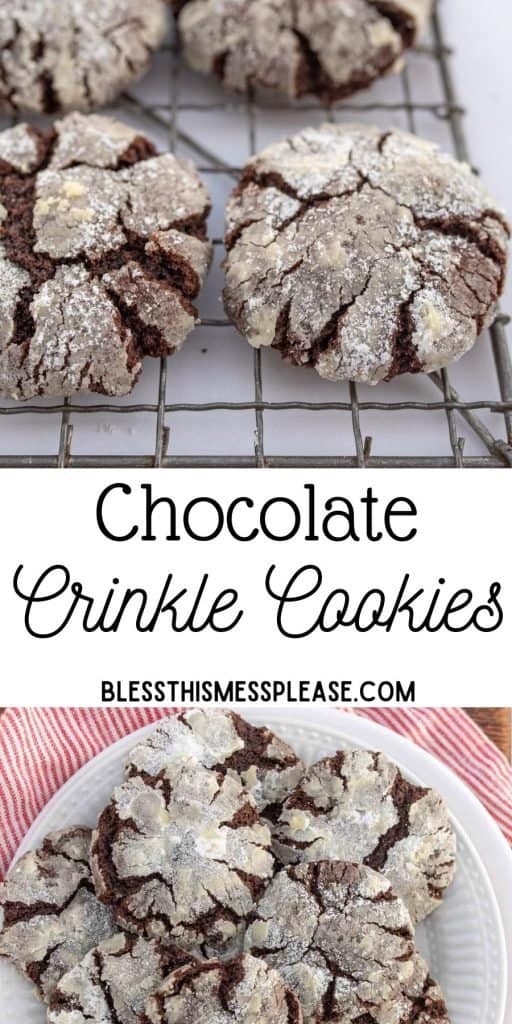 pinterest pin text that reads "chocolate crinkle cookies" - top view of a cooling rack cracked cookies that are nearly white on top but the cracks reveals dark chocolaty lines