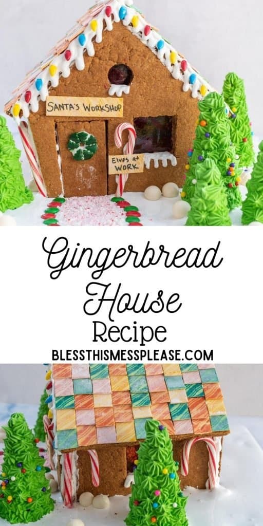 pinterest pin text that reads "gingerbread house recipe" - georgous photo of a traditional gingerbread house