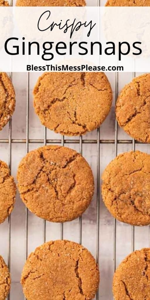 pinterest pin and the text reads "crispy gingersnaps" and gingersnap cookies on a baking rack