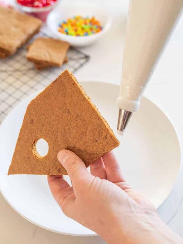 POV a hand putting icing along the bottom of a gingerbread bird house