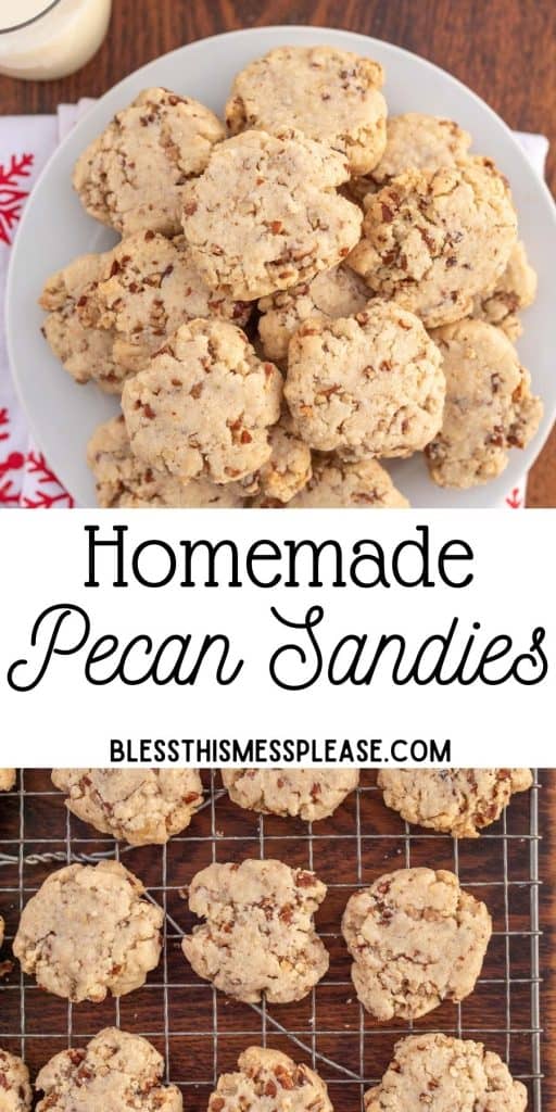 pinterest pin text that reads "pecan sandies cookies" - a white plate and a cooling rack with traditional pale tan sandies