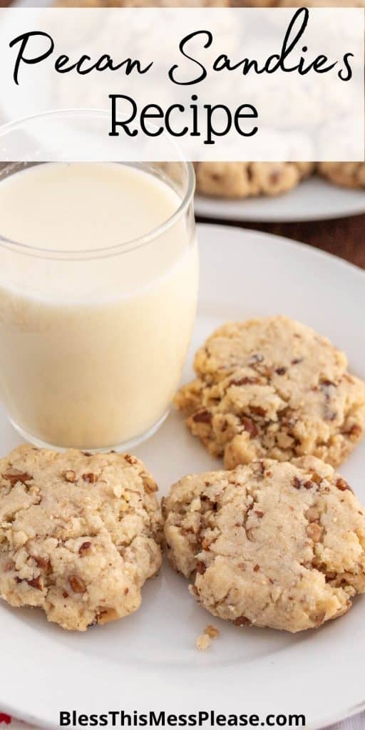 pinterest pin text that reads "pecan sandies cookies" - a white plate with traditional pale tan sandies and a glass of milk