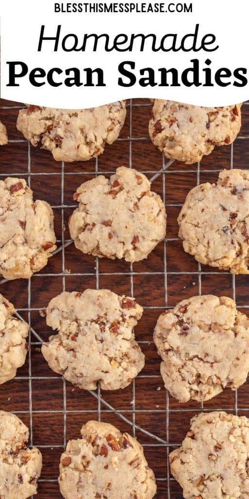 pinterest pin text that reads "pecan sandies cookies" - a cooling rack with traditional pale tan sandies