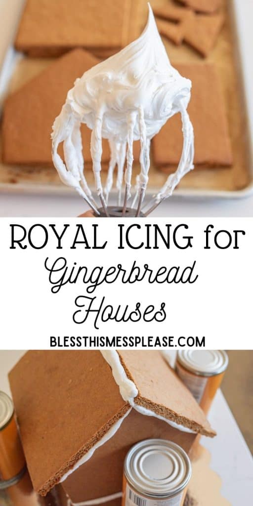 pinterest pin text that reads "royal icing for gingerbread houses" - an image of a whisk with stiff white icing and the bottom image shows the icing piped beterrn the walls of a gingerbread house