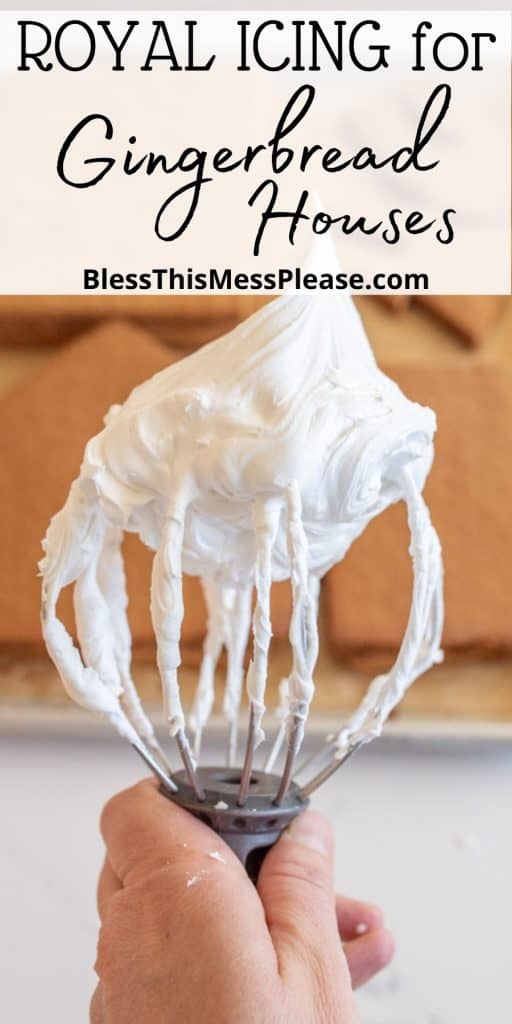 pinterest pin text that reads "royal icing for gingerbread houses" - an image of a whisk with stiff white icing