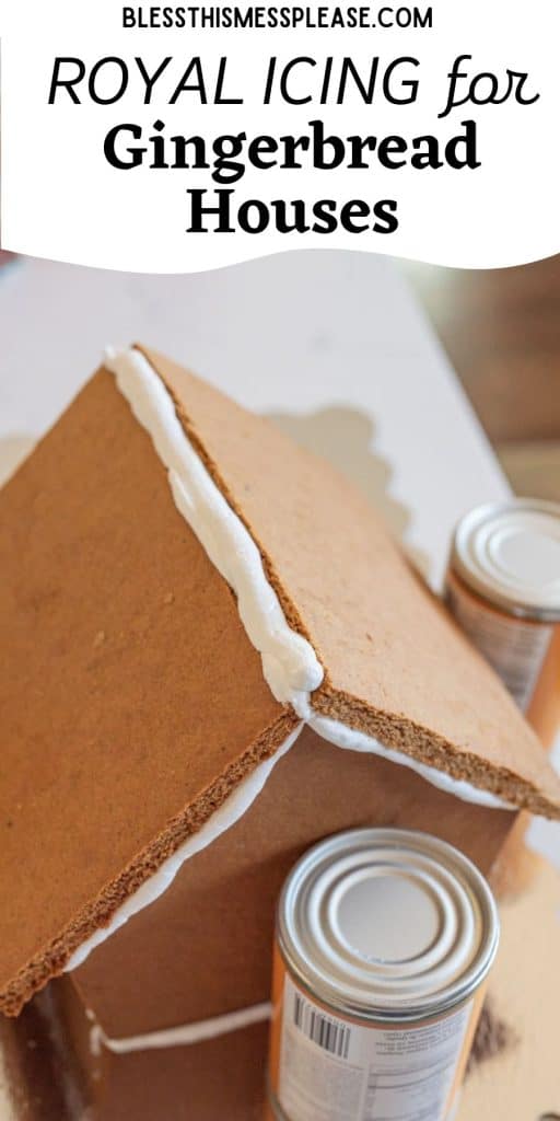 pinterest pin text that reads "royal icing for gingerbread houses" - an image of white icing piped between the walls of a gingerbread house