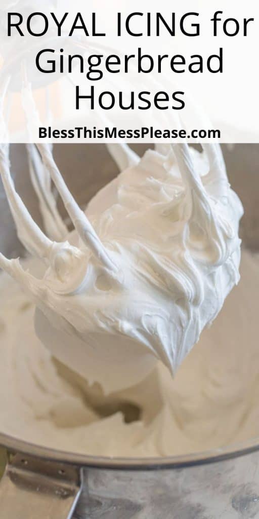 pinterest pin text that reads "royal icing for gingerbread houses" - an image of a whisk with stiff white icing