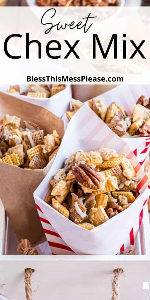 pinterest pin text that reads "sweet chex mix" - an image of sticky chex and pecans in cardboard popcorn-like servers