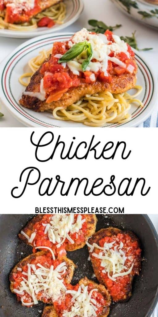 pinterest pin with text that reads "chicken parmesan" - white plate with breaded chicken over spaghetti pasta in classic chicken farm fashion