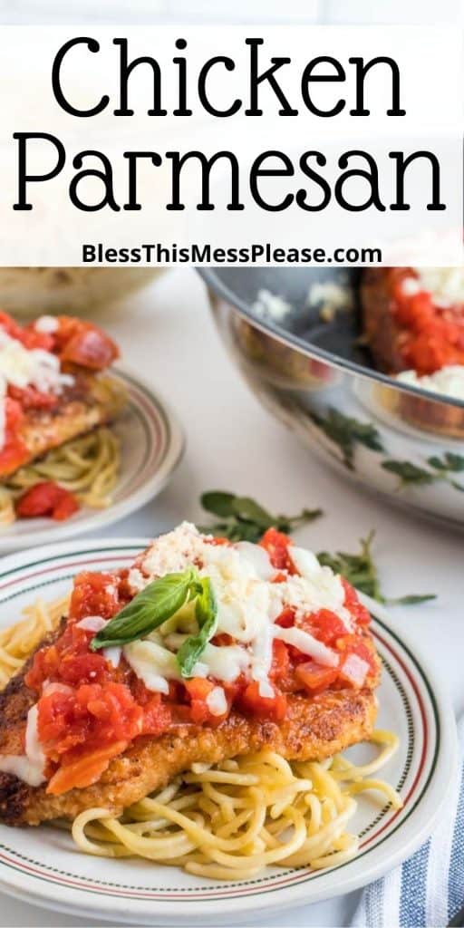 pinterest pin with text that reads "chicken parmesan" - white plate with breaded chicken over spaghetti pasta in classic chicken farm fashion