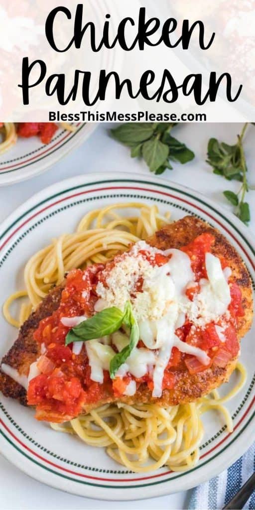 pinterest pin with text that reads "chicken parmesan" - white plate with breaded chicken over spaghetti pasta in classic chicken farm fashion