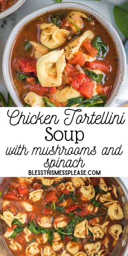 pinterest pin with text that reads "extra thick pumpkin bread" pinterest pin with text that reads "chicken tortellini soup with mushrooms and spinach" - top view of a large vat of tortellini pasta with tomatoes mushrooms and vegetables in broth
