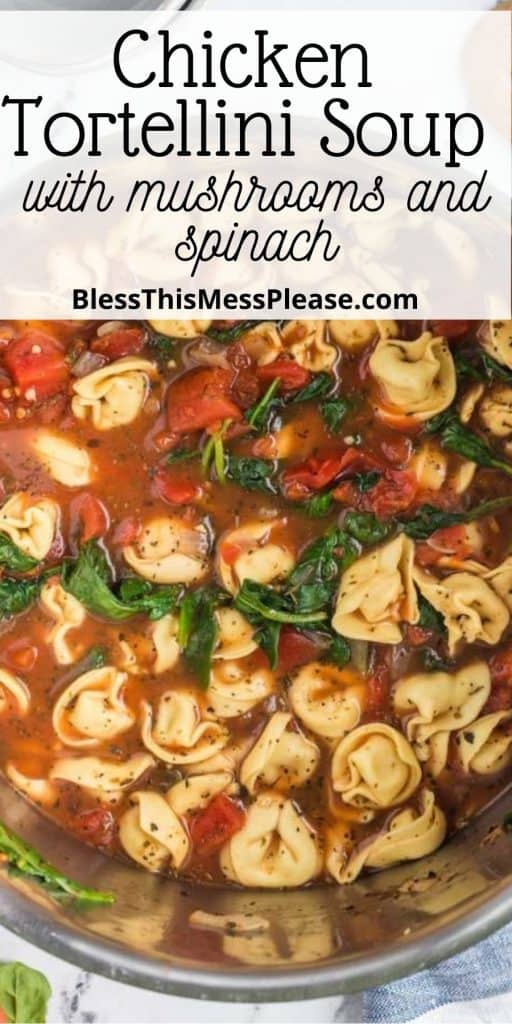 pinterest pin with text that reads "extra thick pumpkin bread" pinterest pin with text that reads "chicken tortellini soup with mushrooms and spinach" - top view of a large vat of tortellini pasta with tomatoes mushrooms and vegetables in broth