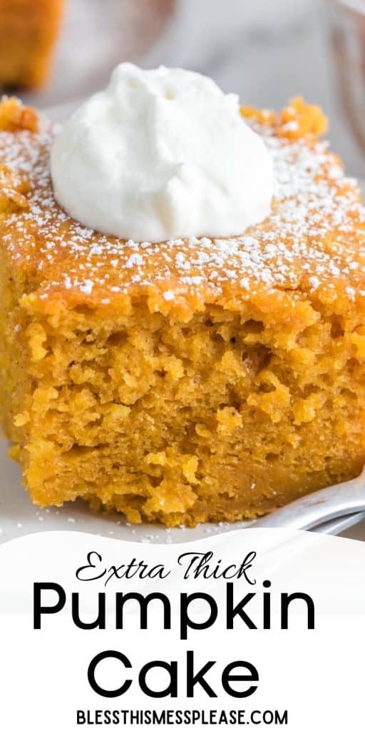 pinterest pin with text that reads "extra thick pumpkin bread" - very close up of a square of pumpkin bread on a white plate