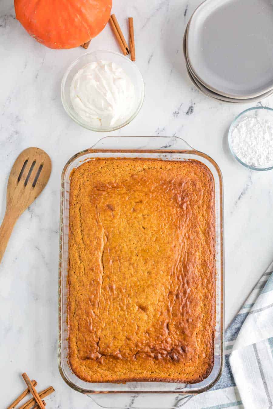 the cake pan with the finish bake of the extra thick pumpkin cake