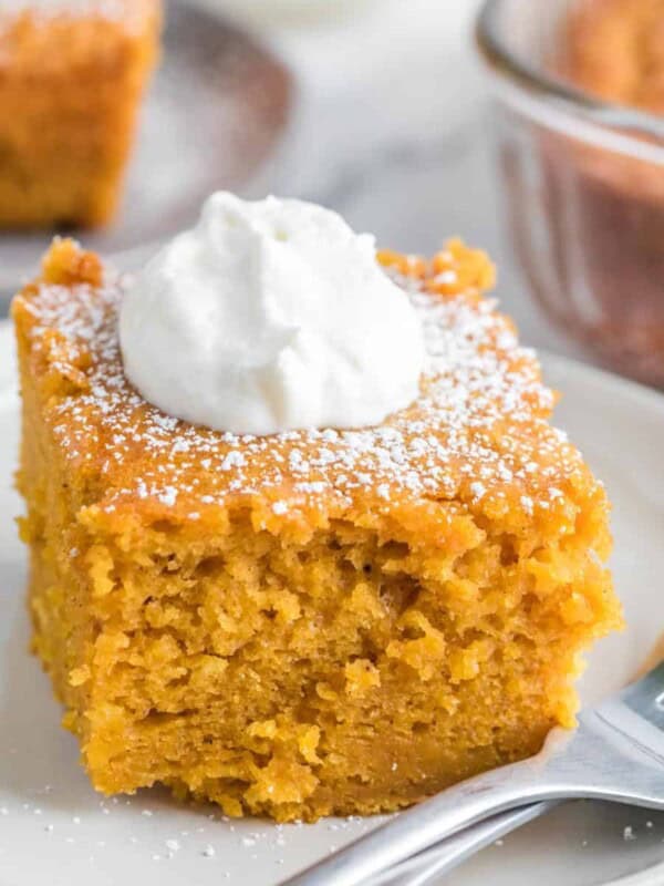 Close up - side view square servings of extra thick pumpkin cake on a white plate with a dollop of cream