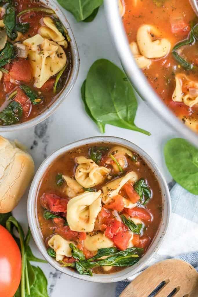 top view - very close up of a small ceramic bowl of tortellini soup with tomatoes and spinach in great detail