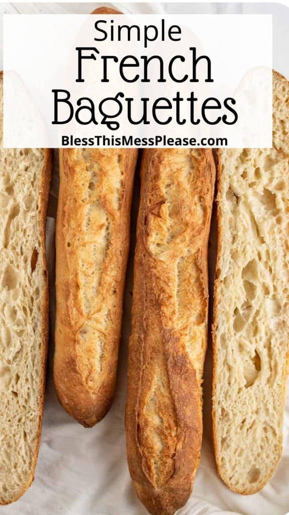 text reads "simple French baguettes" with an image of two whole vertically long french bread and on the sides the bread is split in open