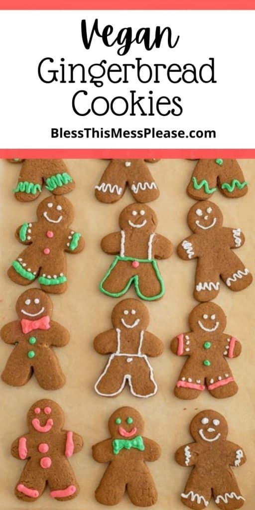 text reads "Vegan Gingerbread Cookies" at the top of a vertical image over a white banner with a photo of brown parchment paper with simple and classic royal iced gingerbread men