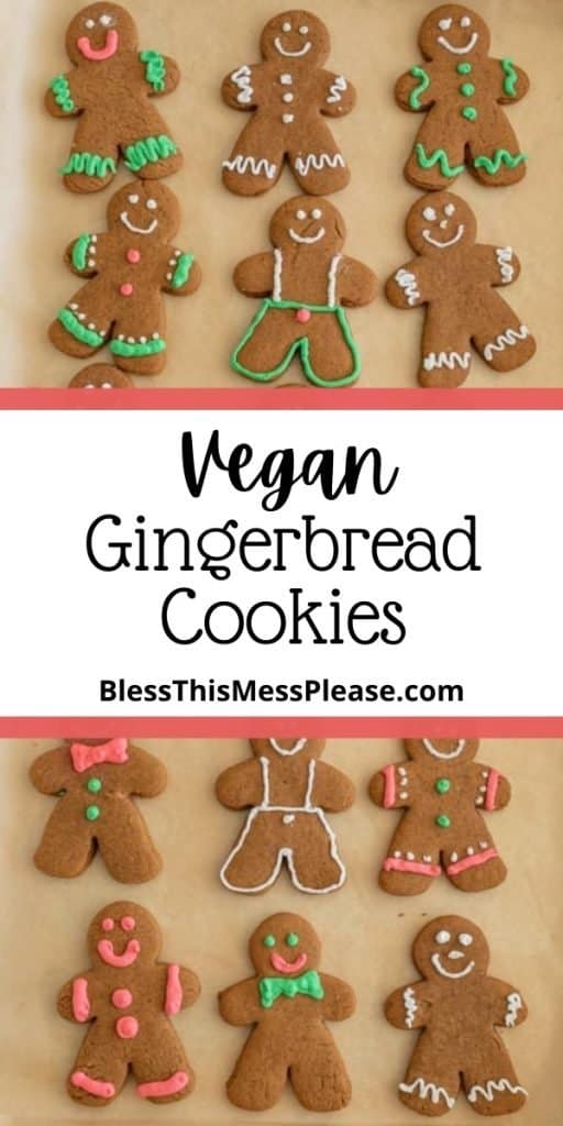 text reads "Vegan Gingerbread Cookies" on a white banner in the middle a photo of brown parchment paper with simple and classic royal iced gingerbread men