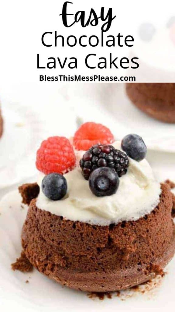 Text at the top reads "easy chocolate lava cake" with a lava cake photo on the bottom with whipped cream and berries on top