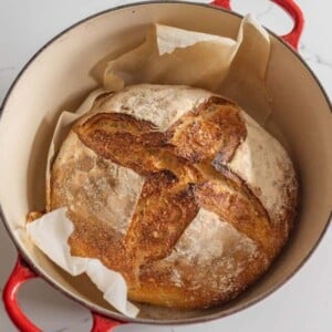 closer up sourdough bread in a dutch oven