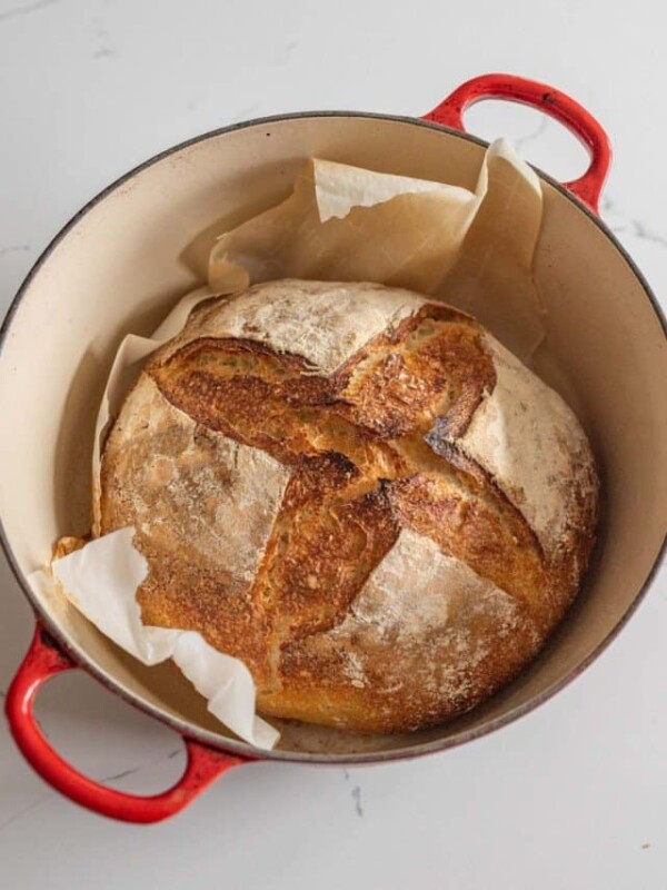 closer up sourdough bread in a dutch oven