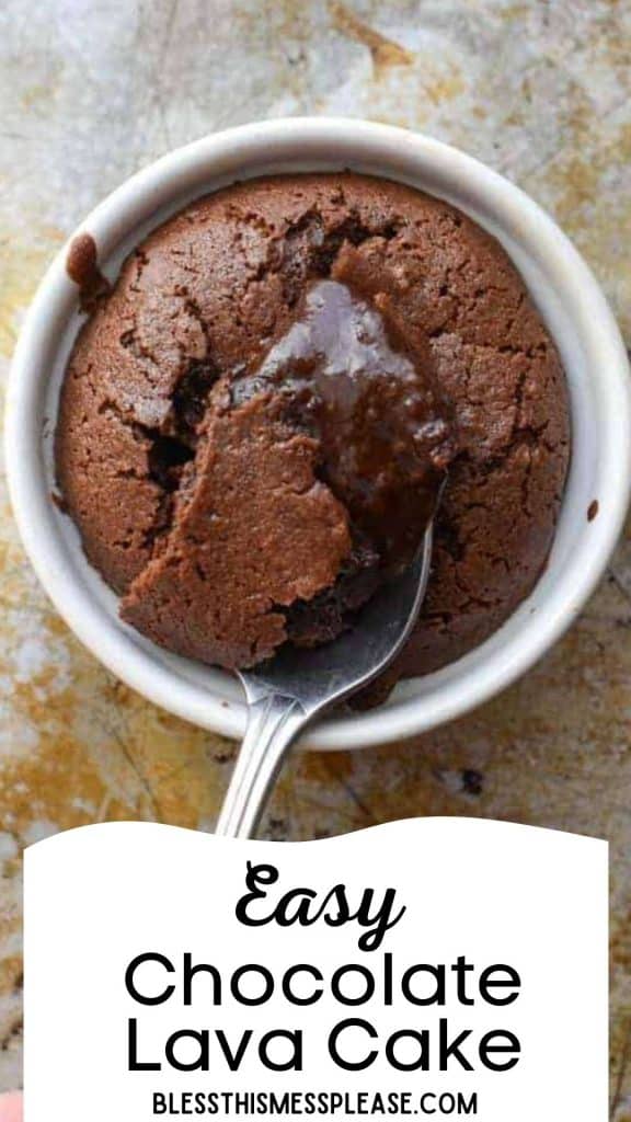 words on the bottom of the photo say "easy chocolate lava cake" the photo is a spoon dipping into the soft center of a dark brown cake